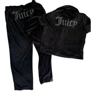 Juicy Couture Black Velour Button Up Short Sleeve Lounge Set Size L